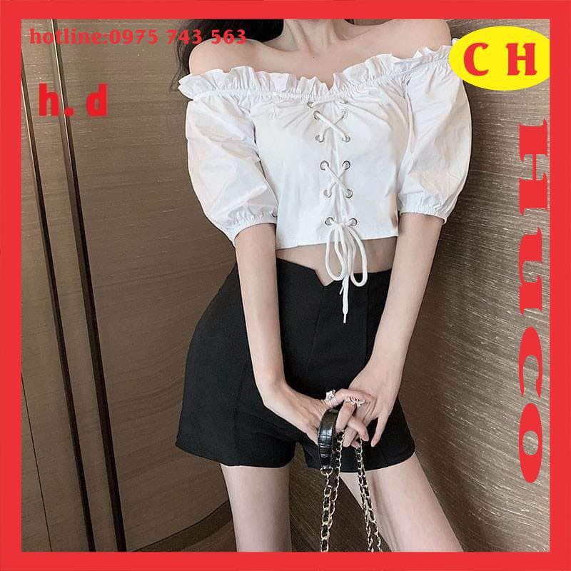 áo croptop trễ vãi nữ, áo croptop kiểu oze tay bồng có dây nơ tiểu thư cá tính, áo hai màu basic dễ phối đồ