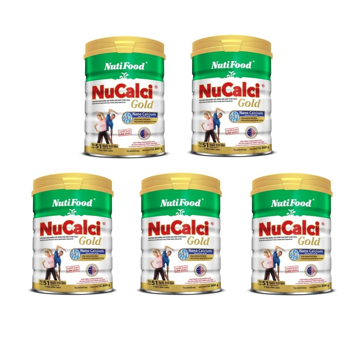 Bộ 5 Lon Sữa Nucalci Gold bổ sung canxi cho người từ 51 tuổi trở lên - 800g