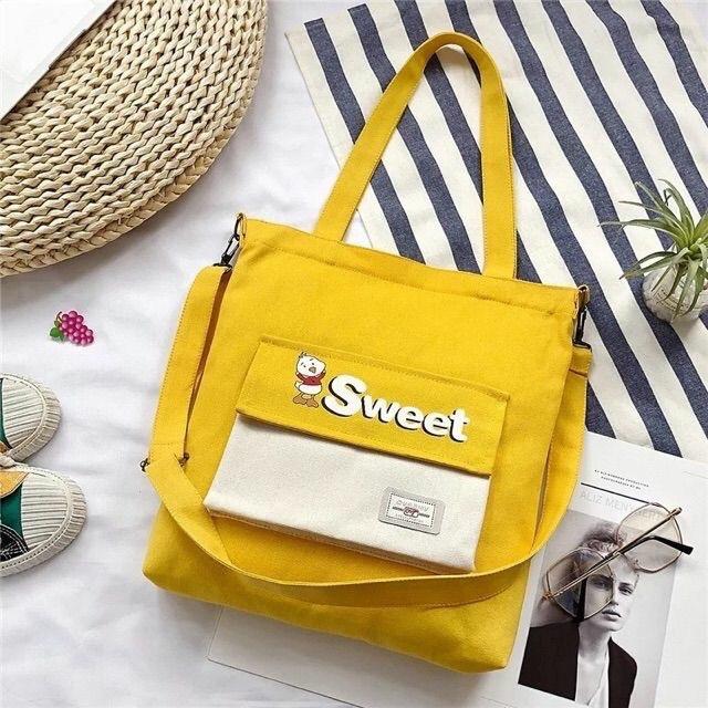 Balo thời trang, balo đi học, đựng laptop Túi Tote Sinh Viên Chú Gà Sweet balo nữ vải