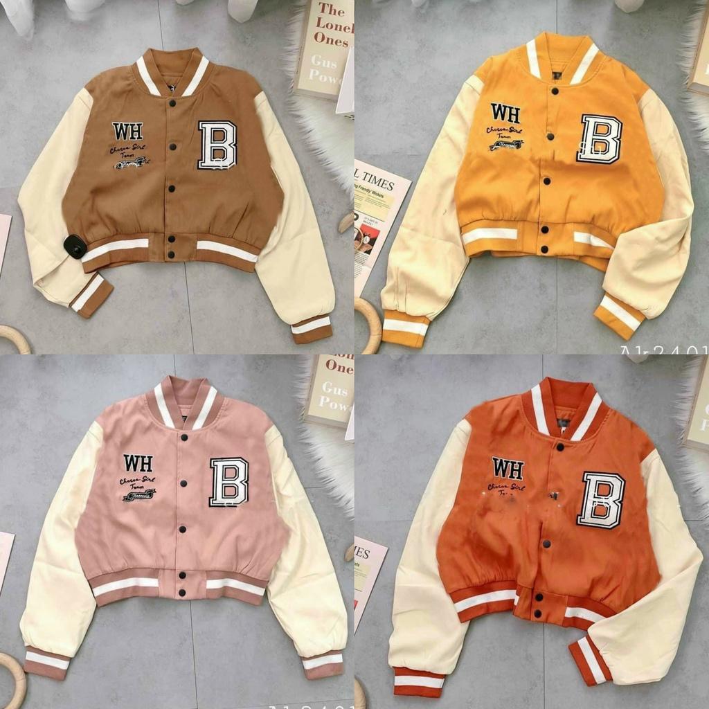 Áo khoác nỉ nữ kiểu dáng bomber croptop thêu chữ B.WH phối nút cực đẹp