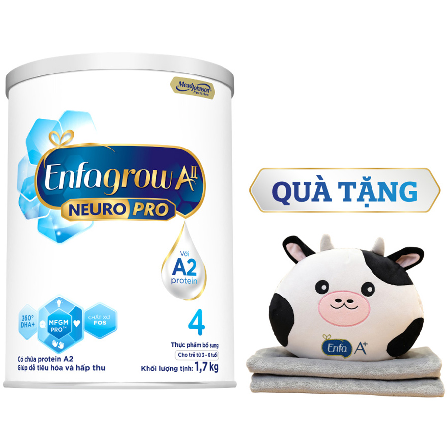 Bộ 1 lon Sữa bột Enfagrow A2 Neuro Pro 4 dành cho trẻ 3-6 tuổi - 1.7 kg - Tặng Bộ mền gối bò bông đáng yêu