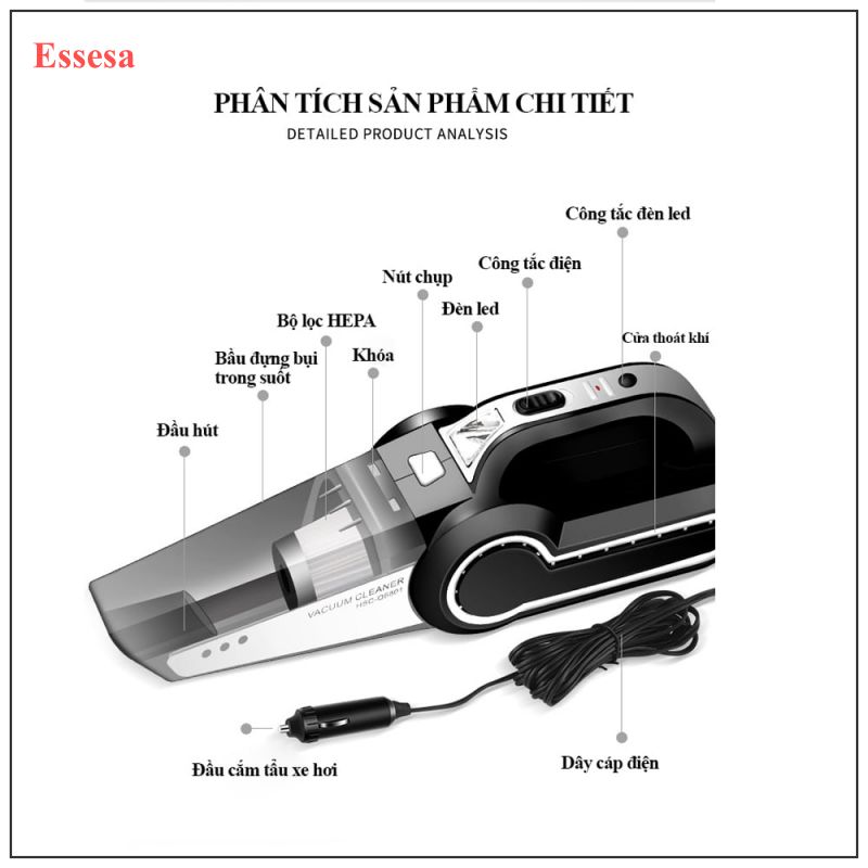 Máy Hút Bụi Và Bơm Lốp Ô Tô Essesa Vacuum Cleaner Công Suất 120W 4 in 1 Bơm/Hút/Đèn Chiếu Sáng/Đồng Hồ Đo Áp Suất Lốp -Chính Hãng