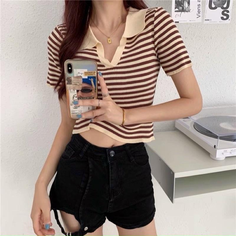 Áo thun len croptop cổ bẻ dệt kim Áo kẻ sọc ngang quảng Châu cao cấp