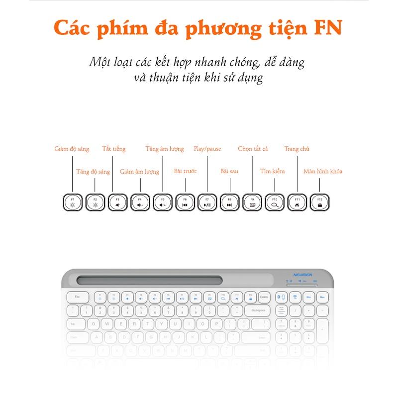 Bàn phím văn phòng ko dây Newmen K10 - Bluetooth/2.4Ghz dùng cho tablet táo/laptop táo/PC- Hàng chính hãng