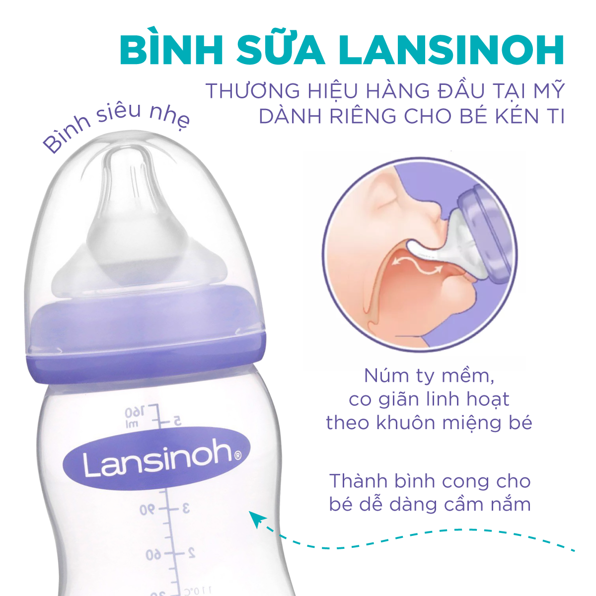 Bộ Đôi Bình Sữa Cổ Rộng Lansinoh Dung Tích 160ml + Núm Ty Size M