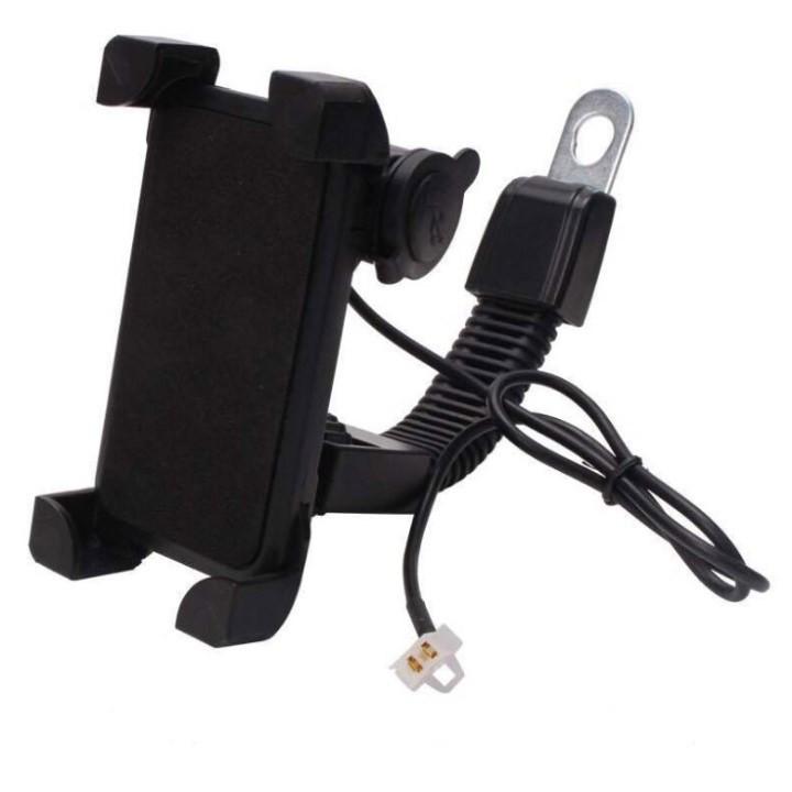 Giá đỡ,Kẹp Điện Thoại Gắn Xe Máy kiêm Bộ sạc USB điện thoại gắn trên Mô tô, xe máy, xe đạp