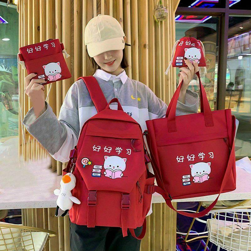 Combo balo 4 món thời trang ulzzang, Set balo 4 món đi học, balo 4 món - mèo hai khóa đọc sách