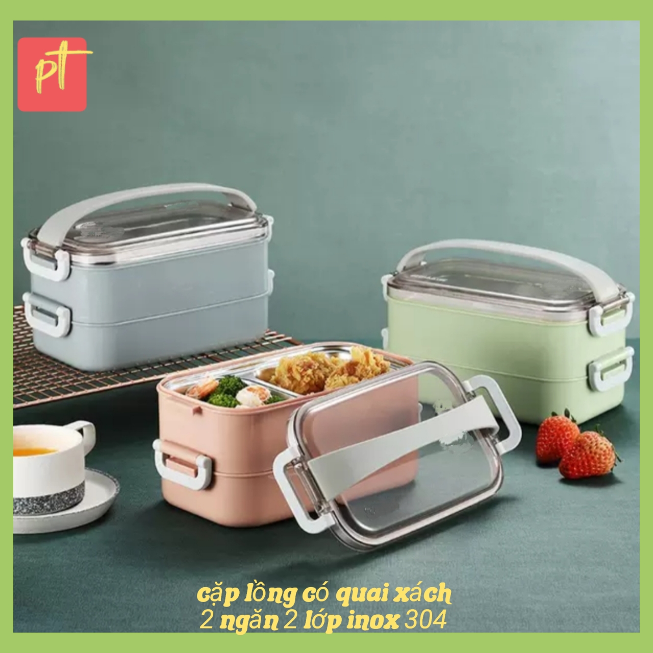 Bộ Hộp Cơm Có Quai Xách Giữ Nhiệt 2 Lớp 2 Tầng 2 Ngăn INOX304 Thiết Kế Hiện Đại -tặng bộ chổi vệ sinh mini