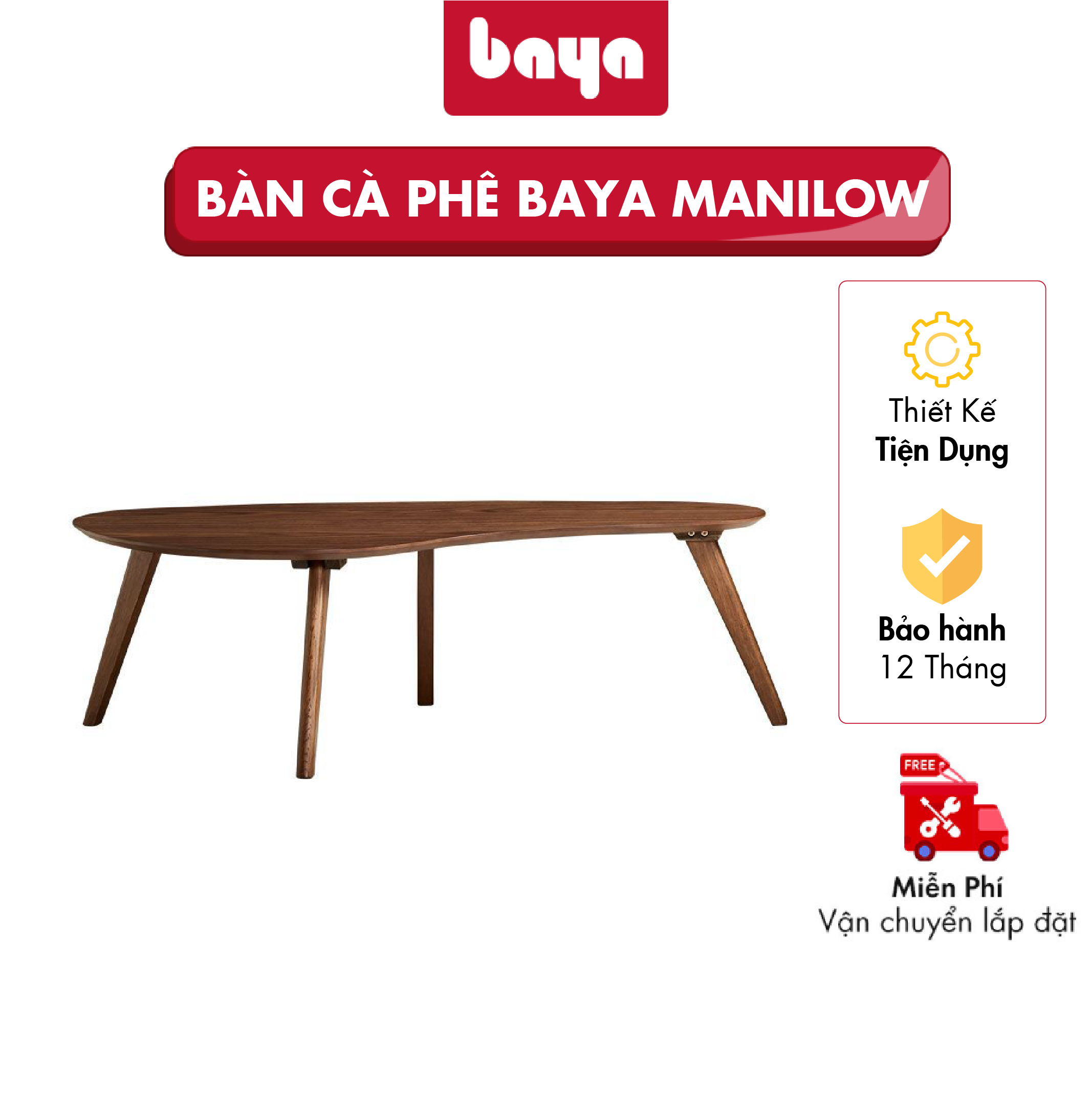 Bàn Cà Phê Phong Cách Á Châu BAYA MANILOW Thiết Kế Mặt Bàn Kiểu Dáng Độc Đáo Phủ Veneer Sồi Sang Trọng, Chân Bàn Bằng Gỗ Keo Chắc Chắn