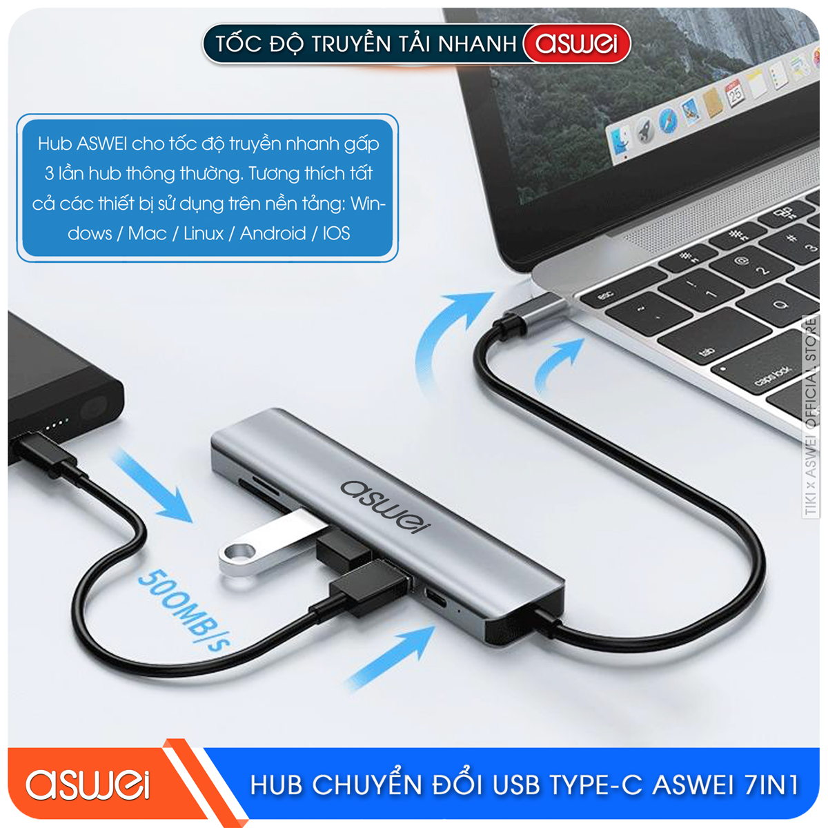 Hub Chuyển Đổi USB Type C ASWEI 7 in 1 - HDMI, USB 3.0, SD, TF, USB C, PD 100W Tốc Độ Cao - Hàng Chính Hãng
