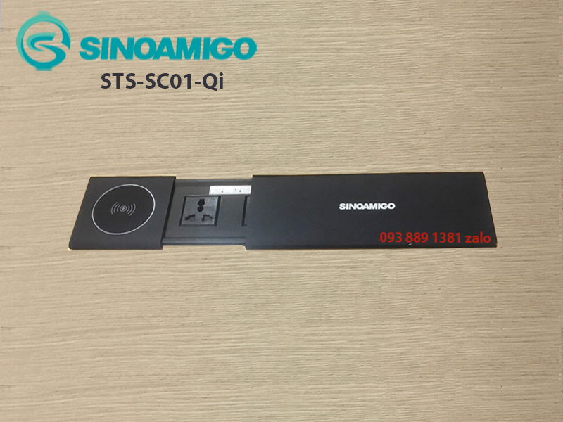 Ổ điện âm bàn nắp trượt Sinoamigo STS-SC01-Qi-B, tích hợp sạc không dây - Hàng chính hãng
