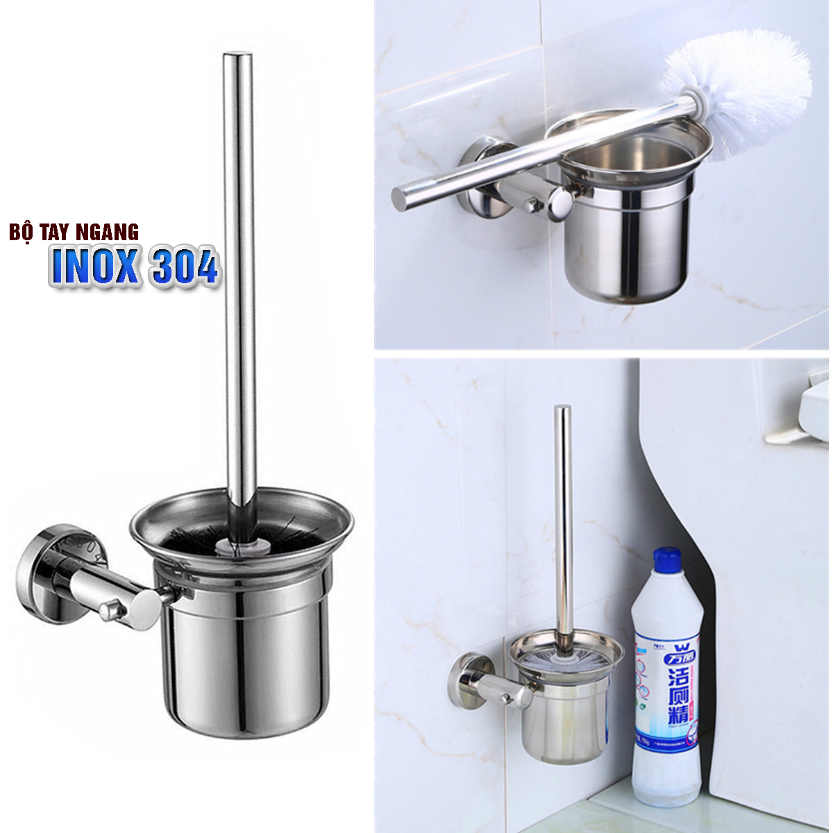 Bộ cốc chổi cọ bồn cầu, toilet nhà vệ sinh, sàn nhà treo tường, có giá đỡ bằng Inox 304 kháng khuẩn, không cần khoan, DAN HOUSE 3.11.11