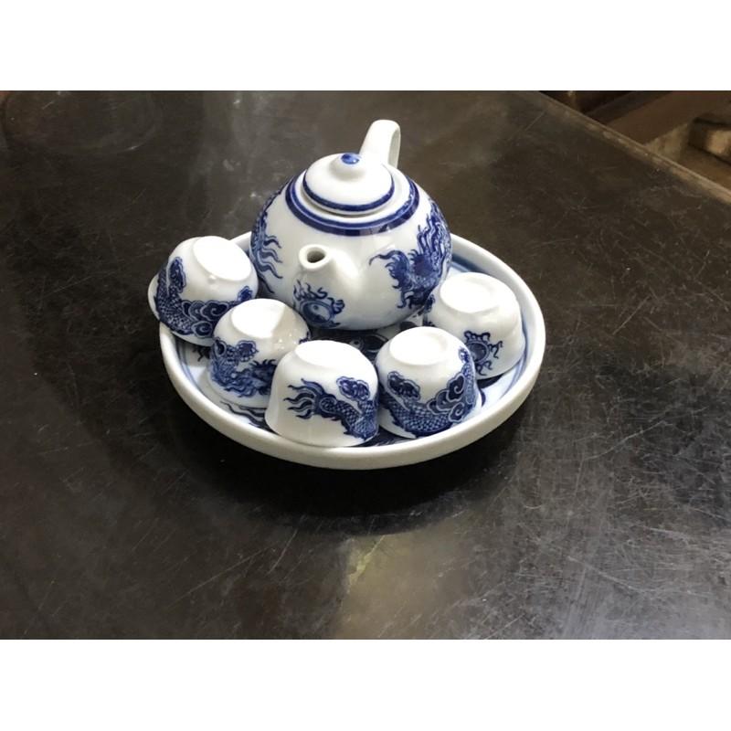 Bộ Ấm Chén Thờ Men Lam Vẽ Long Phụng