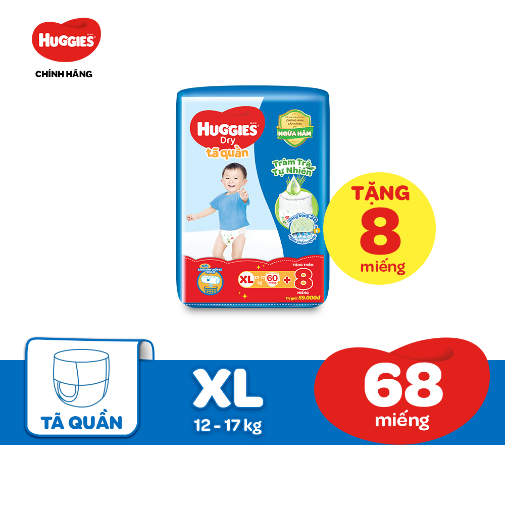 Combo 3 gói Tã Quần Huggies Dry Tràm Trà Tự Nhiên  Gói Cực Đại XL60 (60 miếng) + Tặng 8 miếng