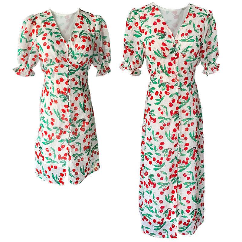 TOBE1SHOP 2021 mùa hè thắt lưng ngọt ngào trà nghỉ váy nữ Pháp anh đào chiffon hoa bong bóng tay áo đầm dài
