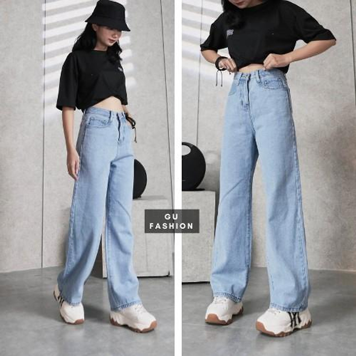 Quần Baggy Jeans DEL Ống Suông Cạp Cao Rách Đùi Nữ - XANH - S