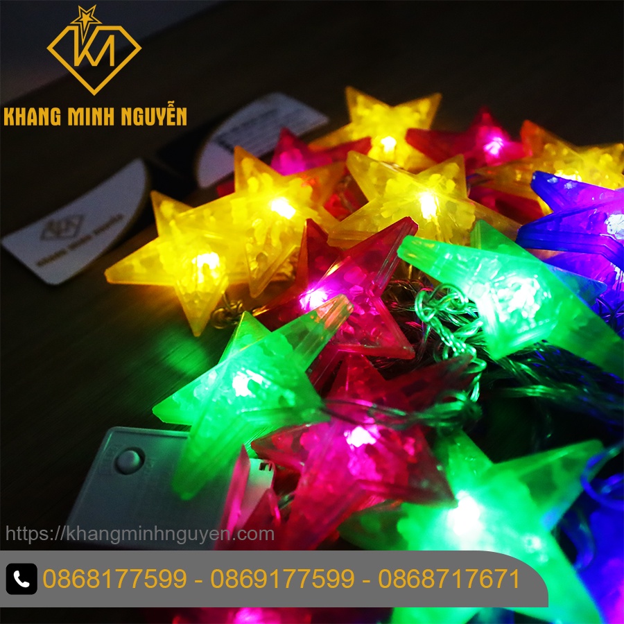 Đèn trang trí Noel, Giáng Sinh - Bộ đèn 20 ngôi sao nhiều màu có chớp, không đổi màu - có bọc nhựa chống nước
