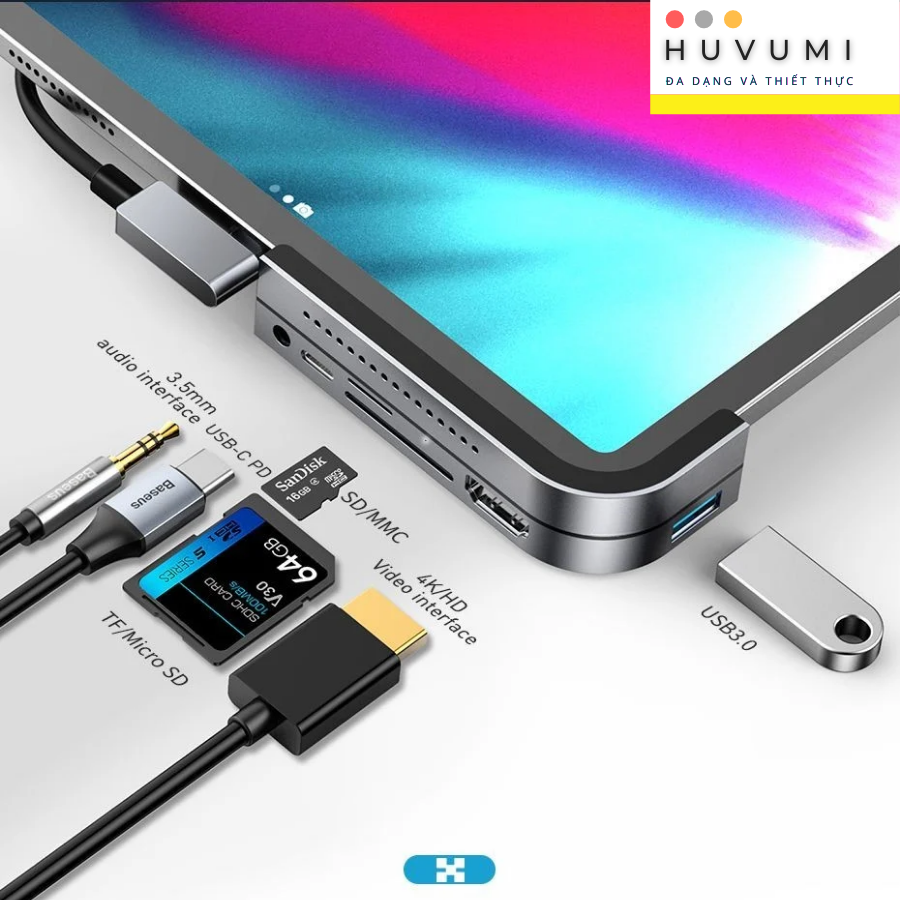 [Hàng Chính Hãng] Hub chuyển 6 trong 1 Baseus Bend Angle No.7 dùng cho iPad Pro 2018 11/12.9 inches (Type C to USB3.0+ HDMI + SD/Micro SD + Audio 3.5mm+C PD, Extended InterfacesHub) LV575