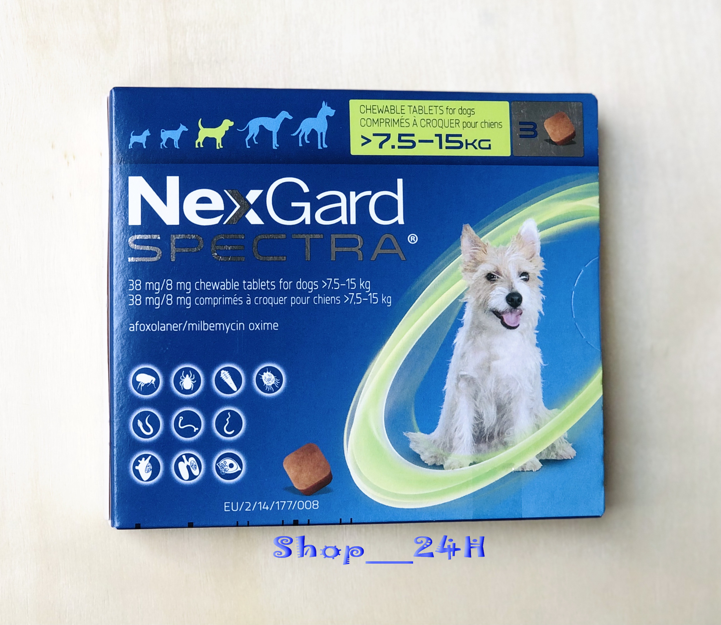 1 hộp NexGard Spectra trị giun, ghẻ, ve rận, viêm da (chó 7,5 - 15kg; hộp 3 viên) 