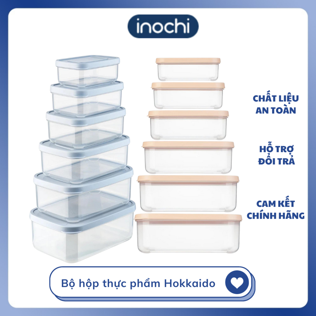 Bộ 6 hộp đựng thực phẩm chữ nhật đủ size Hokkaido ( Tặng kèm Sticker) - Chính hãng Inochi