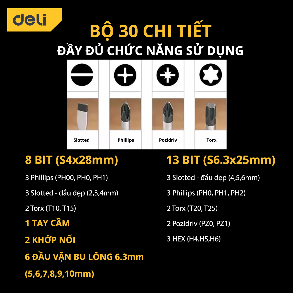 Bộ Tua Vít Deli Cao Cấp 30 Chi Tiết Đa Năng Vặn Ốc Vít, Bu Lông - Phù Hợp Sửa Chữa Vật Dụng, Xe Máy - DL1130