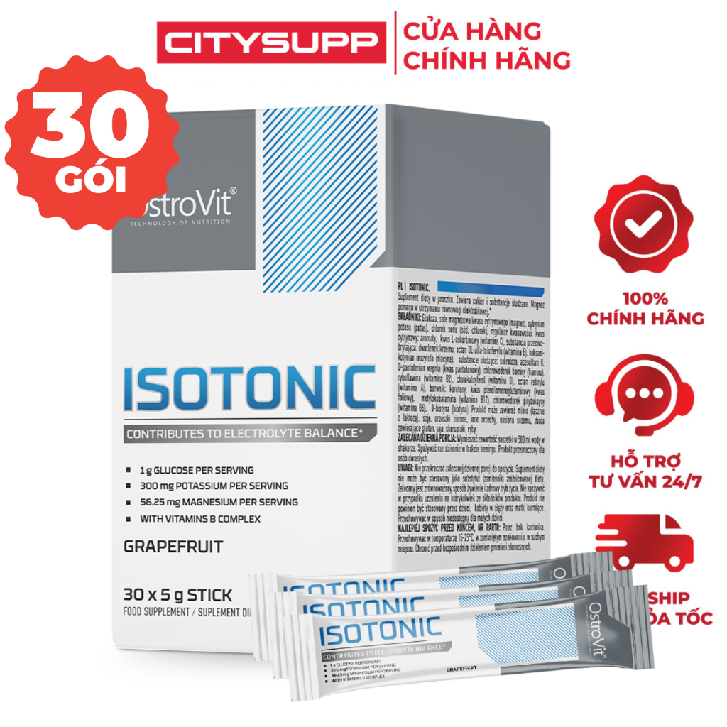 Bột Bổ Sung Điện Giải OstroVit Isotonic 5g (30 gói/hộp) Vị Bưởi | Bổ sung Vitamin B Complex, Magie, Kali