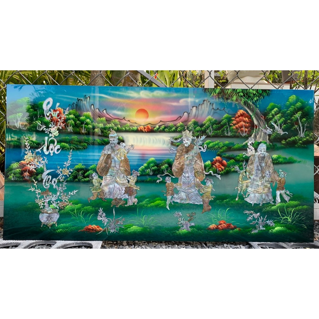 Tranh sơn mài Phúc Lộc Thọ cẩn ốc xà cừ cao cấp size 50x100 cm treo tường, trang trí,...