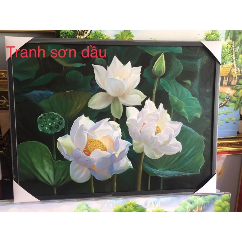 Tranh treo tường tranh CANVAS , Tranh sơn dầu( tranh vẽ tay)mẫu hoa sen kích thước 60* 80cm( kèm khung cao cấp