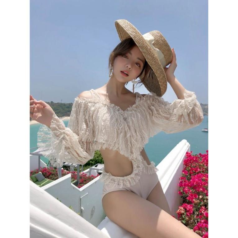 Bikini Áo Tắm Ren Dài Tay Quảng Châu Hottrend 2021 Bánh Bèo Khoét Eo Sexy Gợi Cảm Che Khuyết Điểm