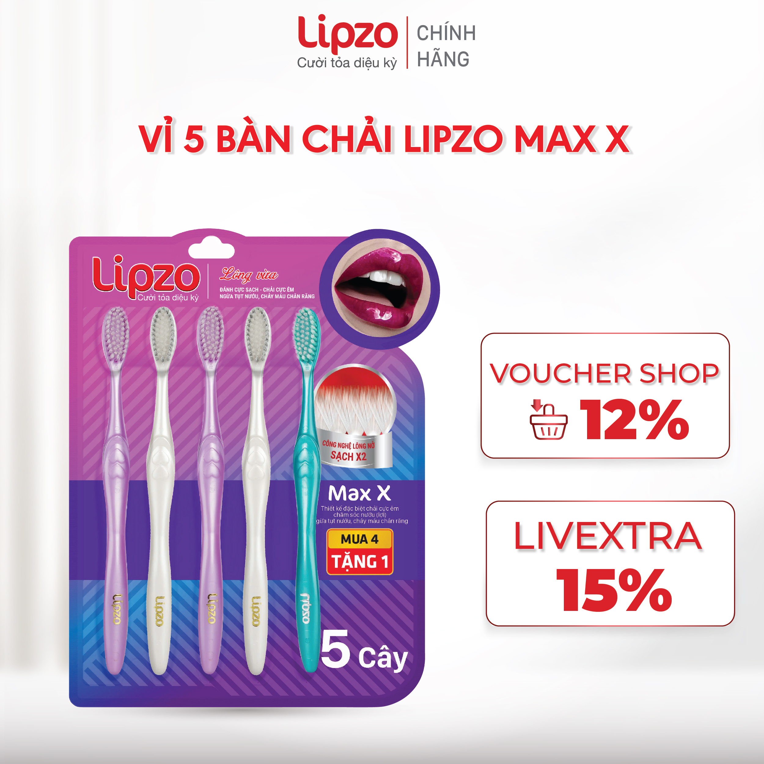 Vỉ 4 Tặng 1 Bàn Chải Đánh Răng Lipzo Max X Thiết Kế Hai Lớp Lông Chỉ Tơ Nha Khoa Xoắn Kép Và Lông Chẻ Ngọn Siêu Mảnh
