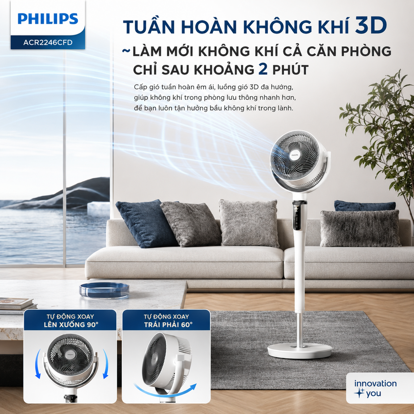 Quạt tuần hoàn không khí 8 cấp độ gió động cơ biến tần DC thương hiệu Hà Lan Philips ACR2246CFD Serial 2000 - Hàng nhập khẩu