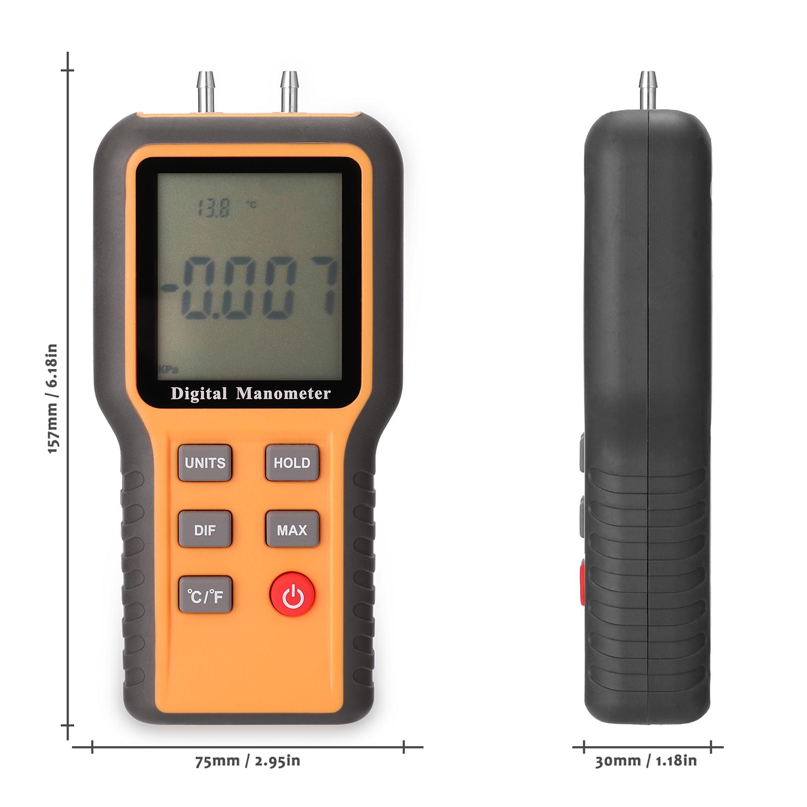 Digital Manometer LCD Display ℃ ℉ Switchable 12 Pressure Units Adjustable Indoor Temperature Measurement Tool Pipes
