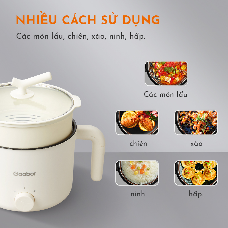 Nồi điện đa năng dung tích 1,5L GAABOR GR-N15A phủ lớp chống dính, công suất 600W, điều khiển 2 mức nhiệt - Hàng chính hãng.