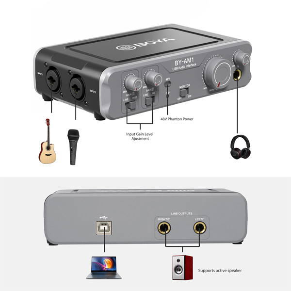 Boya BY-AM1 Dual-Channel, Soundcard thu âm 2 cổng mic - Hàng chính hãng