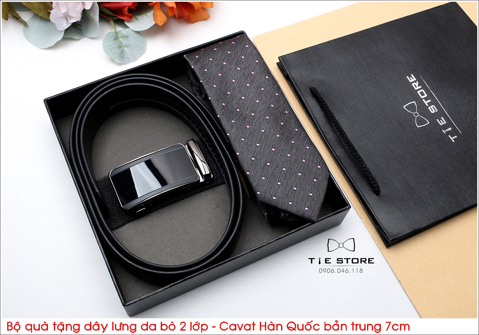 Bộ quà tặng thầy, tặng người thân, tặng sếp, Dây lưng da bò 2 lớp - Cavat hàn quốc bản trung 7cm - Full box