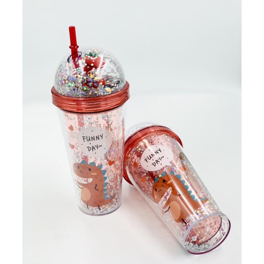 Ly Khủng Long Kim Tuyến Nhựa 2 Lớp Kèm Ống Hút Đẹp Mắt, Ngộ Nghĩnh, Dung Tích 450ml