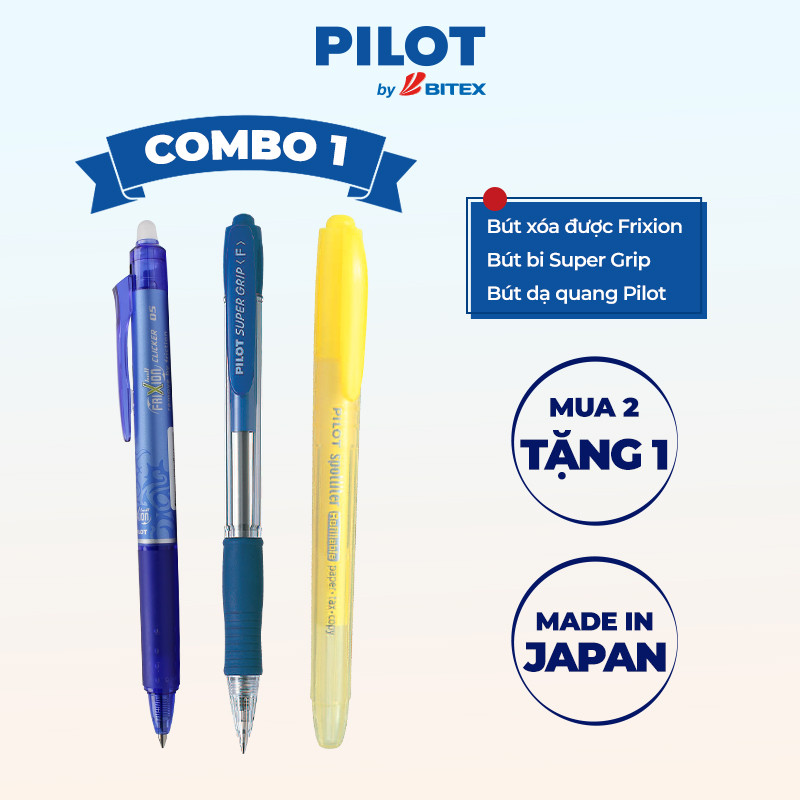Combo Pilot 01: Bút xóa được mực xanh, Bút bi Super Grip mực xanh, Bút dạ quang màu vàng