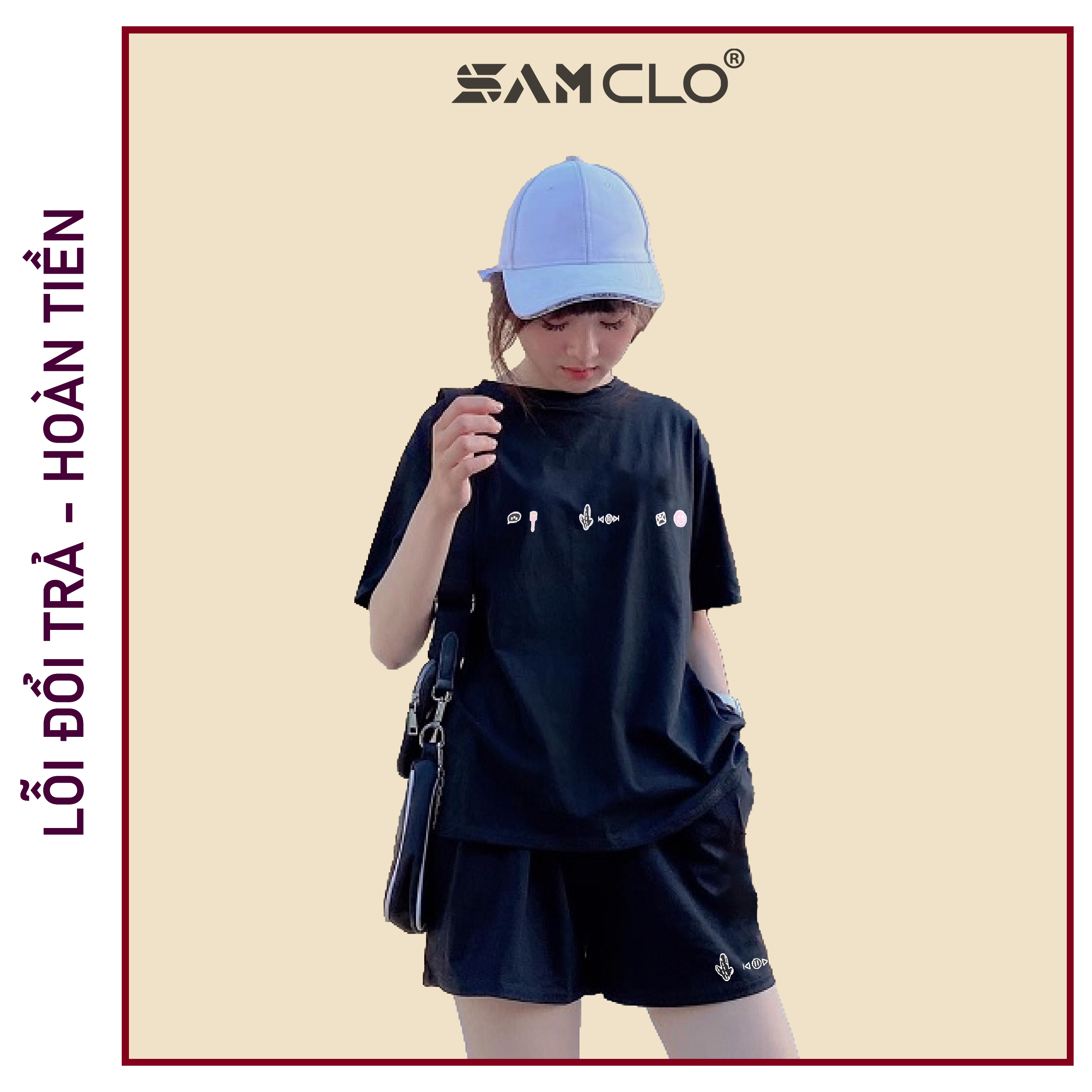SET ĐỒ BỘ lửng mặc nhà - áo thun nữ tay lỡ + quần đùi SAM CLO freesize form rộng in XƯƠNG RỒNG ICON