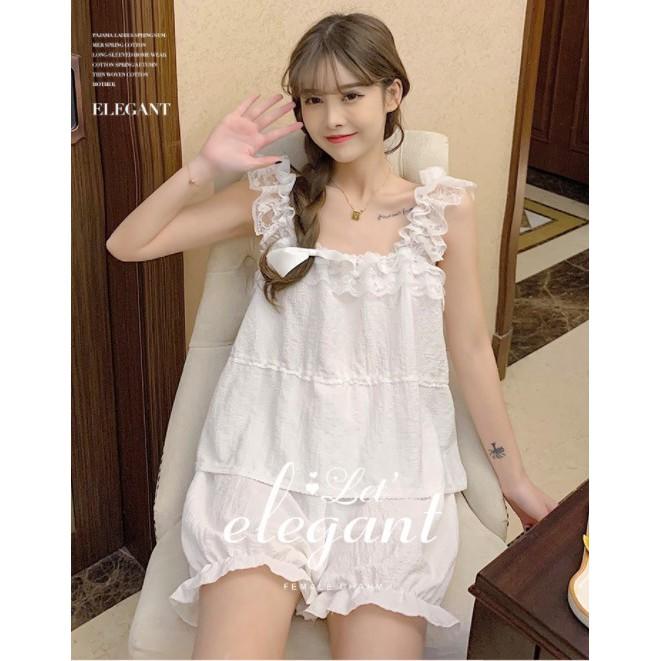 Set đồ ngủ hai dây thiết kế ren viền cổ kết hợp quần bí ngô siêu cute S022