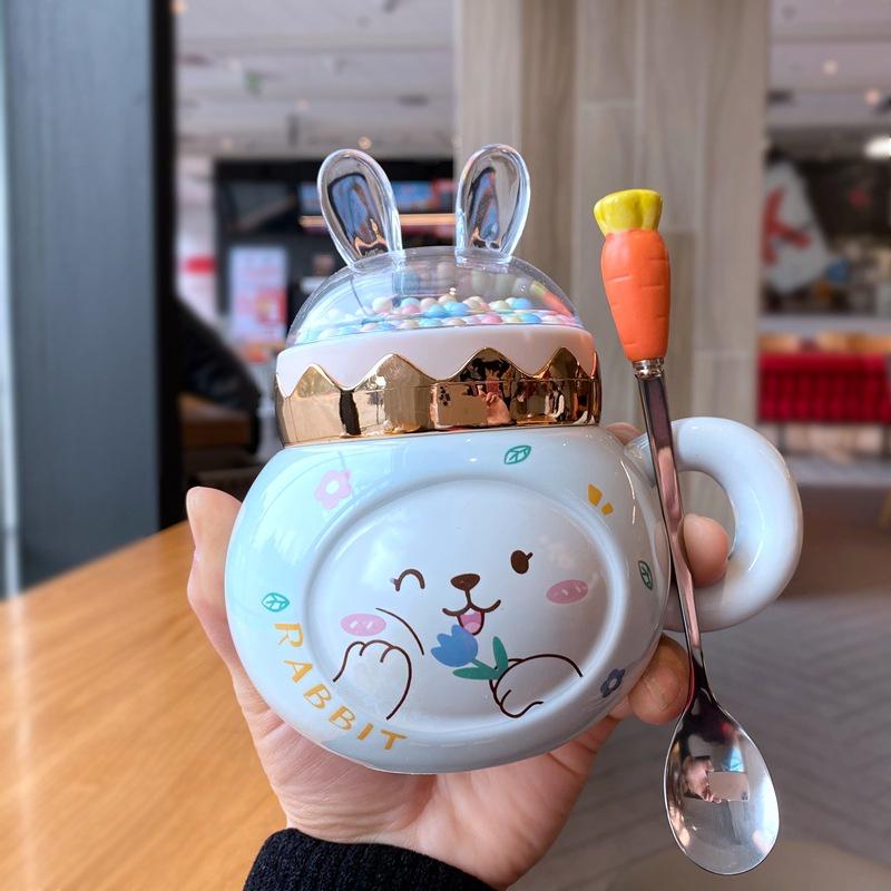 Cốc Sứ Thỏ Xinh Xắn Decor Văn Phòng, Cặp Đôi, Trẻ Em Có Nắp Và Thìa Cute