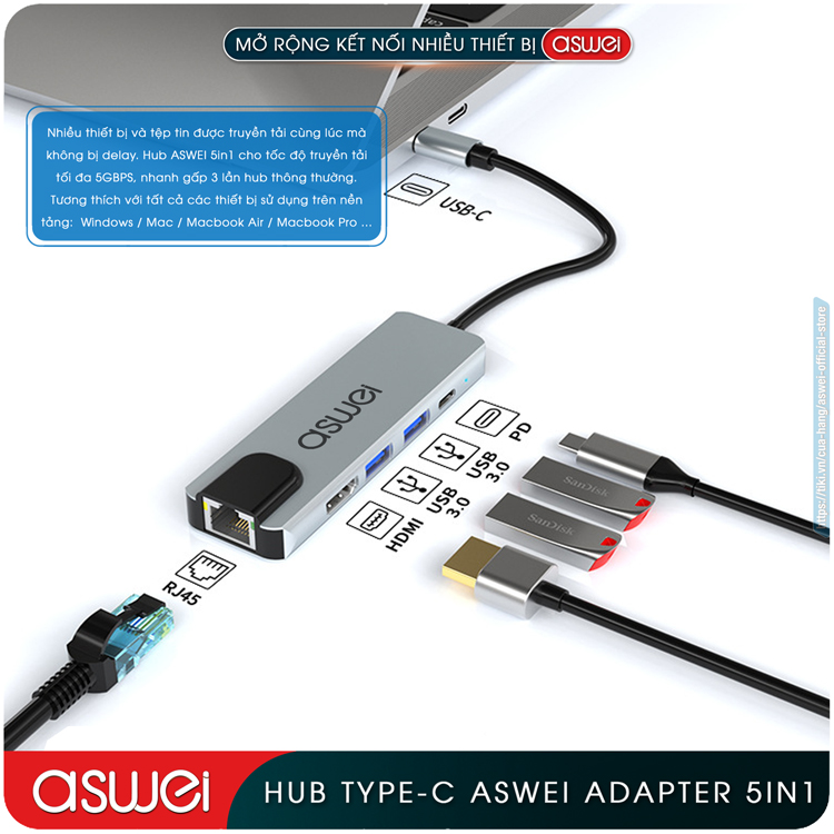 Hub Type C ASWEI 5 in 1 To HDMI, USB 3.0, Lan RJ45, PD 100W - Hàng Chính Hãng