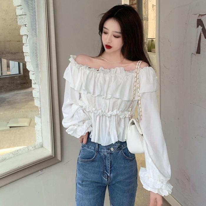 Áo Trễ Vai Viền Bèo Dài Tay Nữ 2 Tầng
