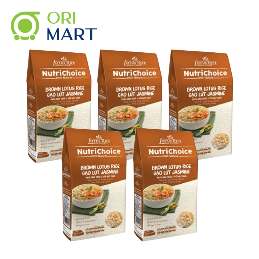 COMBO 5 Gạo Lứt Nâu & Hạt Chia Hữu Cơ NutriChoice Brown Lotus Rice Gói 500G Thơm Ngon Giàu Dinh Dưỡng Đạt Chuẩn An Toàn ORIMART
