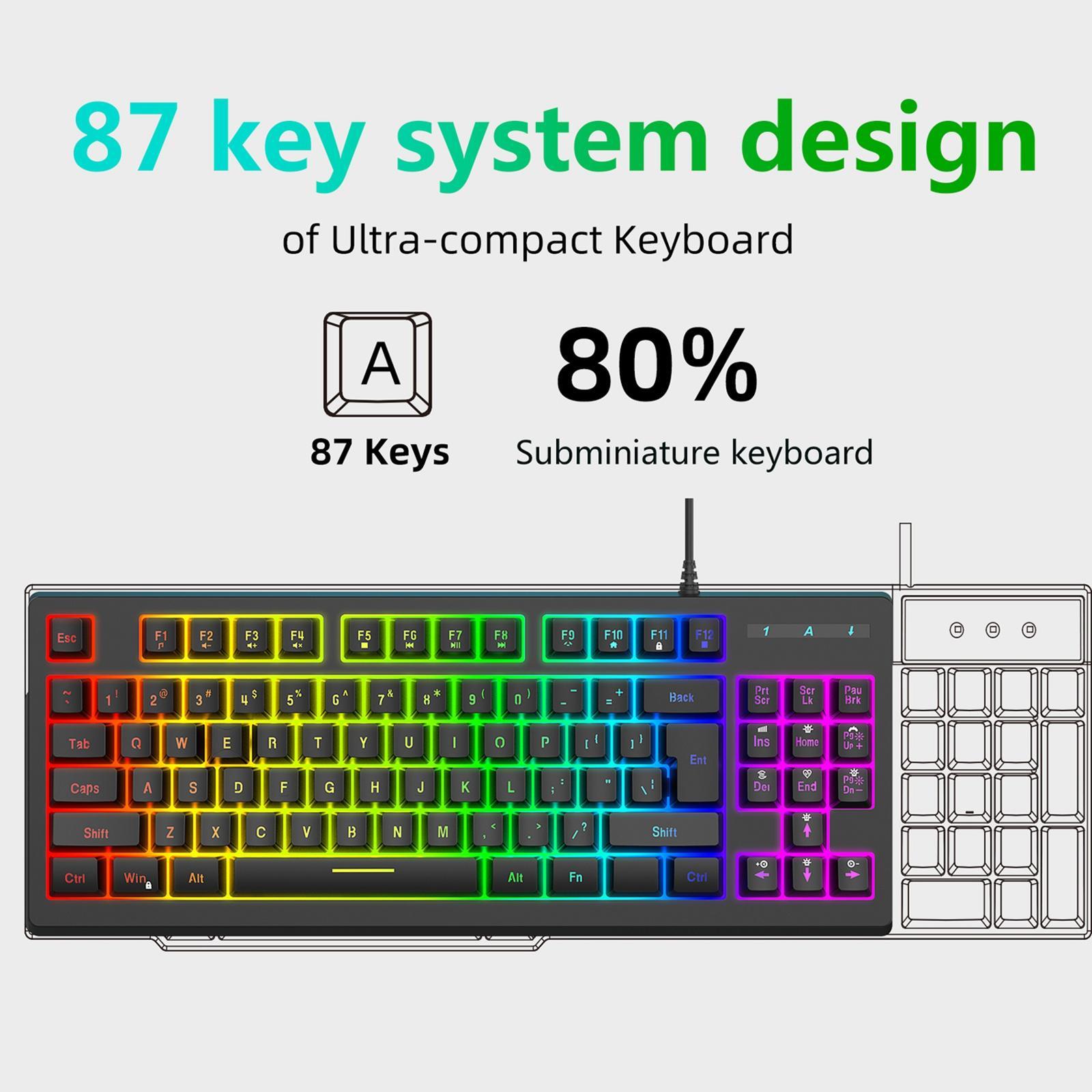 87Keys Wired Mechanical Gaming Keyboard, Light Touch Feeling USB Charging Compact Built in Battery Office Keyboard for Learning PC Women Men
