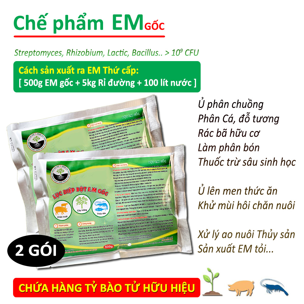 Combo 2 gói Chế phẩm sinh học EM gốc 500g - Chứa hàng tỷ vi sinh vật có lợi - Ủ rác bã hữu cơ làm phân bón - Xử lý mùi hôi