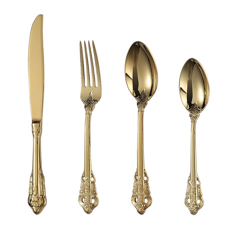Làm Dày Hơn 304 Giảm Cung Tây Bộ Đồ Ăn Mạ Vàng Bít Tết Dao Muỗng Nĩa Vintage Bộ Đồ Ăn Bộ Quà Tặng Vàng Bộ Đồ Ăn 4Pc