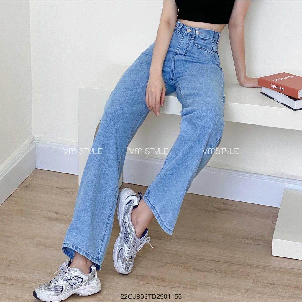 Quần jean nữ VM STYLE ống rộng trơn lưng cao phối dây-5202-5211- 22QJR03TD2309