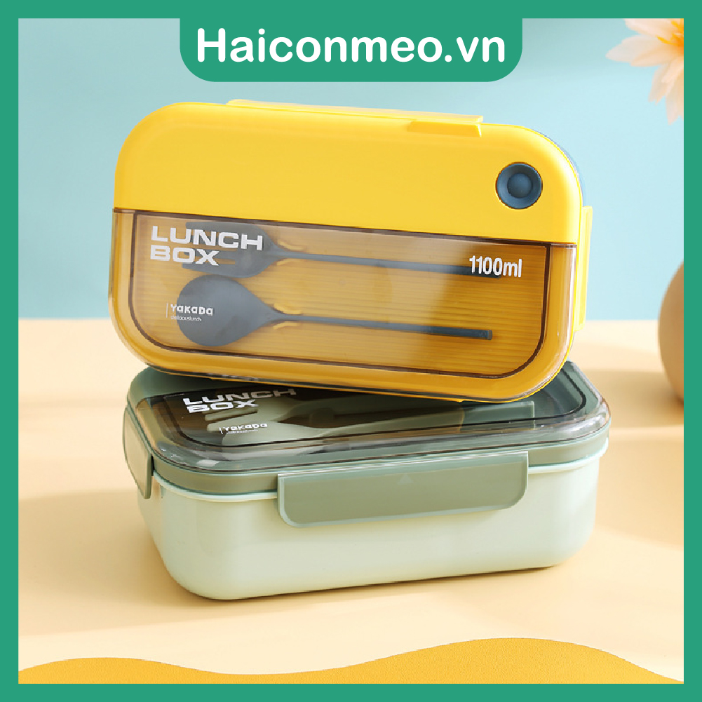 Tặng sticker Hộp Cơm LUNCH BOX Nhựa Dẻo PP Có 2 Ngăn Và Nắp Kèm Đũa Muỗng 1100ml