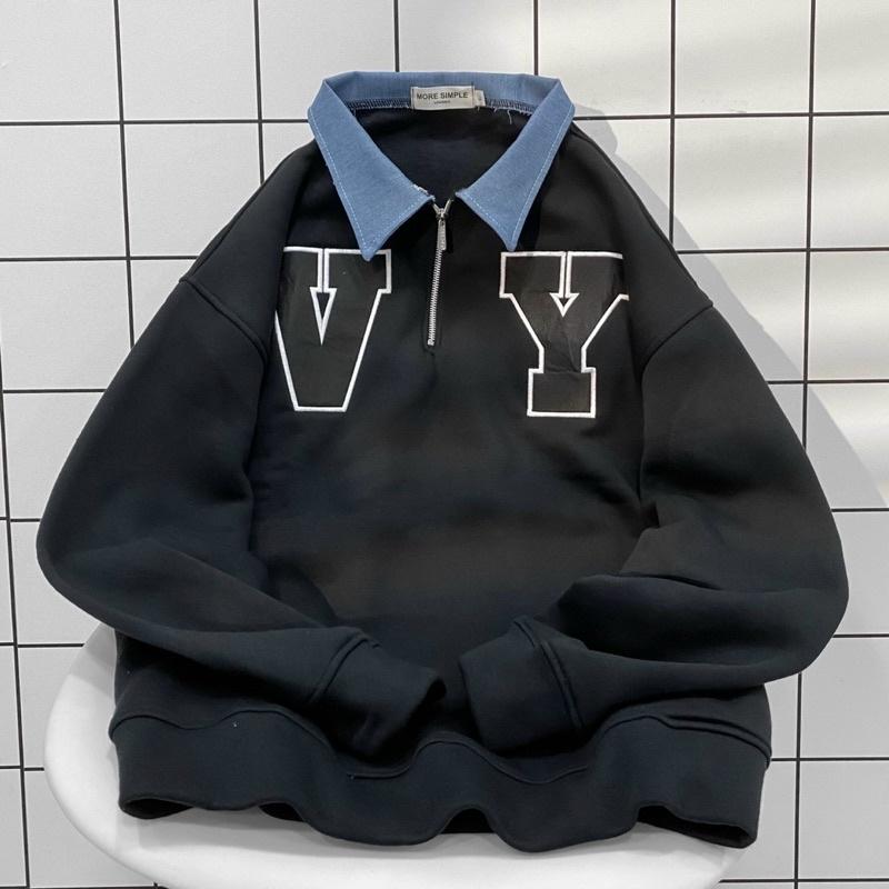 Áo Sweater V.Y Phối Zip Vải Nỉ Bông Form Rộng Ulzzang Unisex Nam nữ unisex Áo Sweater có cổ Jaystoree