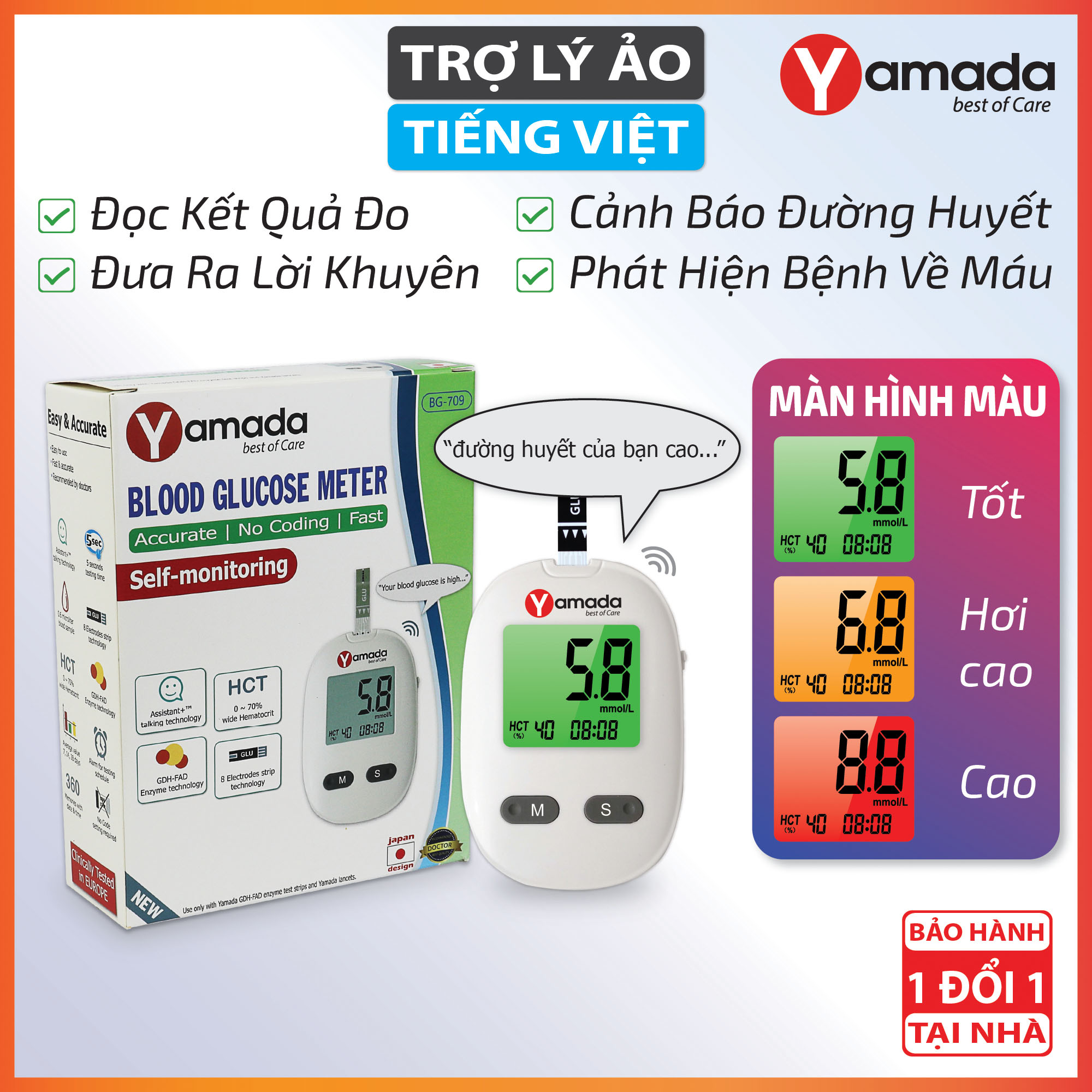 Máy đo đường huyết Yamada - Giọng nói tiếng Việt thông minh, thử tiểu đường, đo chỉ số hồng cầu HCT, tặng 10 que thử